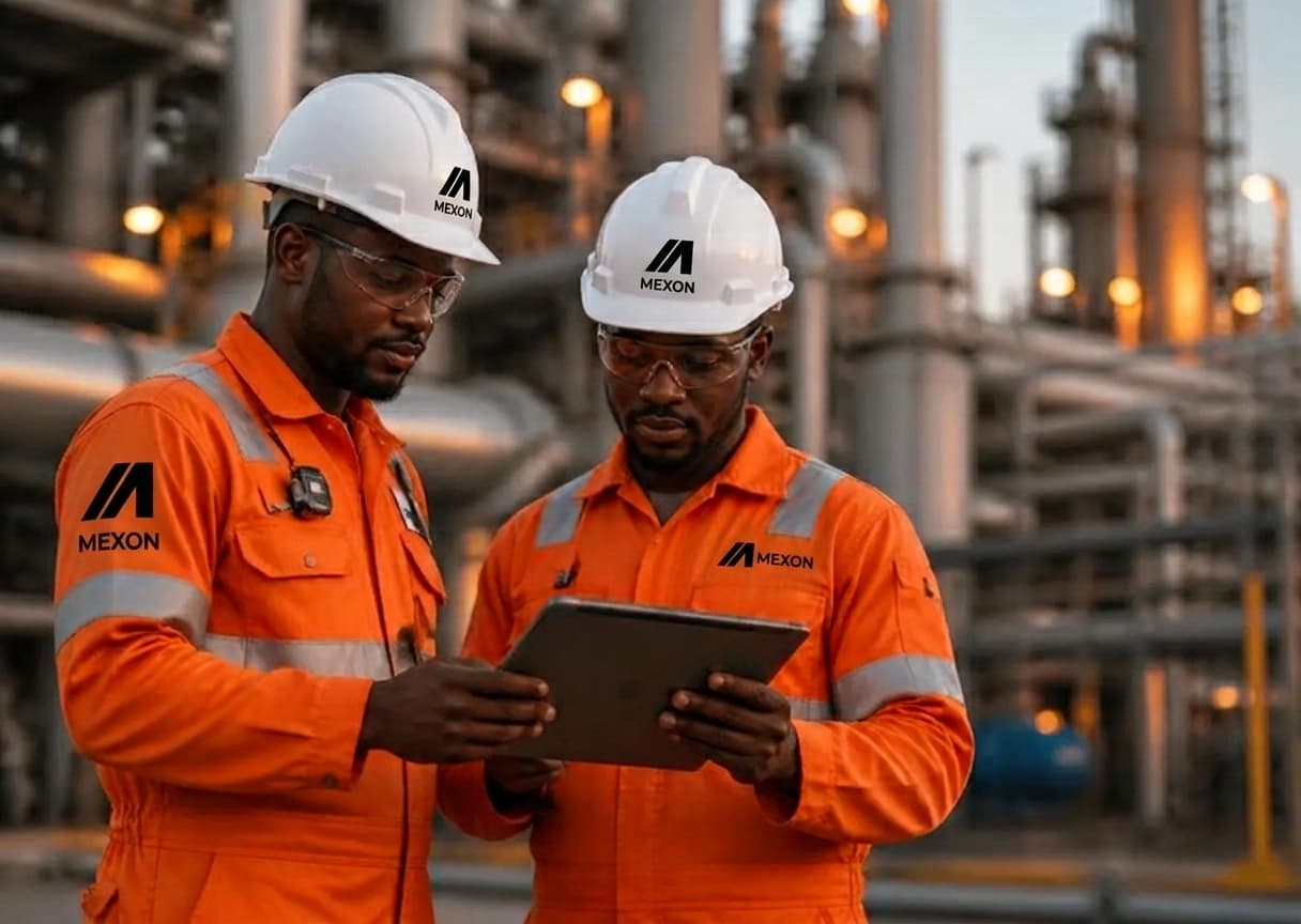 Mexon engineers reviewing technical drawings at a gas processing facility