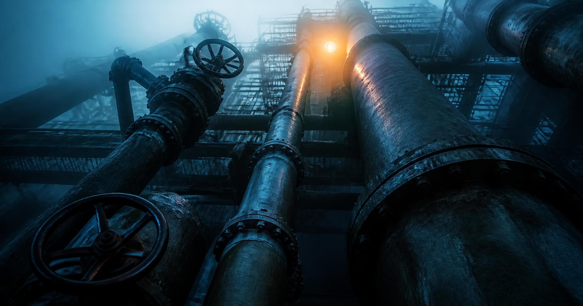 Industrial pipeline network in fog with a single warm light
