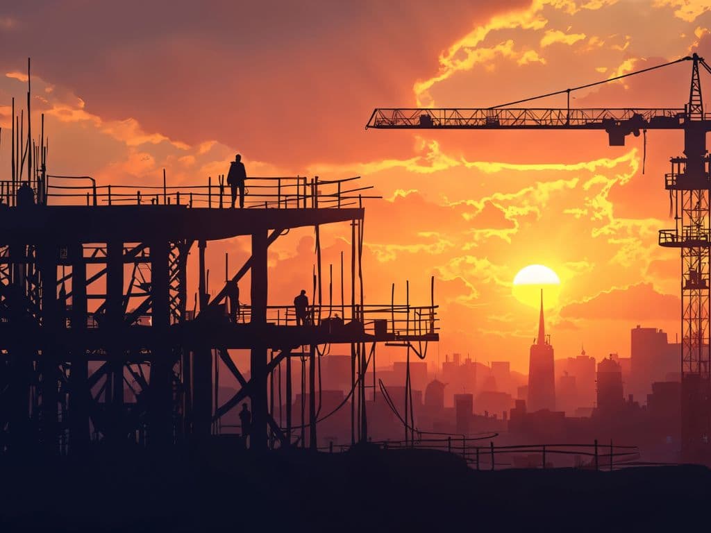 Illuminated oil refinery complex at dusk with dramatic industrial skyline